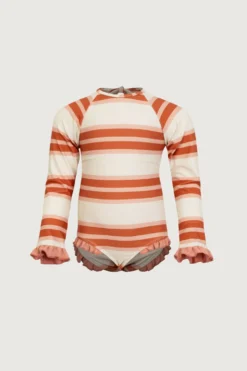 Ruffle Rashguard One Piece (cream Camel Blush Stripe/blush)(Ruffle Rashguard One Piece Cream Camel Blush Stripe Blush)
