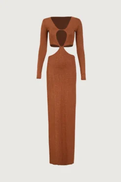 Long Sleeve Cut Out Maxi Dress (Mocha Lurex)(Long Sleeve Cut Out Maxi Dress Mocha Lurex)