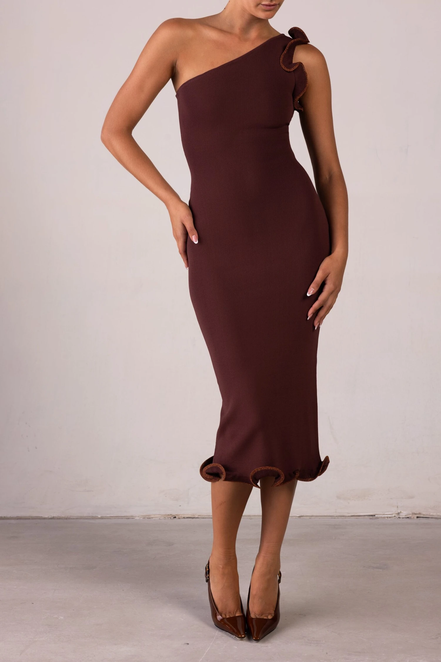 Ruffle Hem One Shoulder Dress (Chocolate Brown/Brown Lurex)(Ruffle Hem One Shoulder Dress Chocolate Brown Brown Lurex) 3 Ruffle Hem One Shoulder Dress (Chocolate Brown/Brown Lurex)(Ruffle Hem One Shoulder Dress Chocolate Brown Brown Lurex) - Image 3