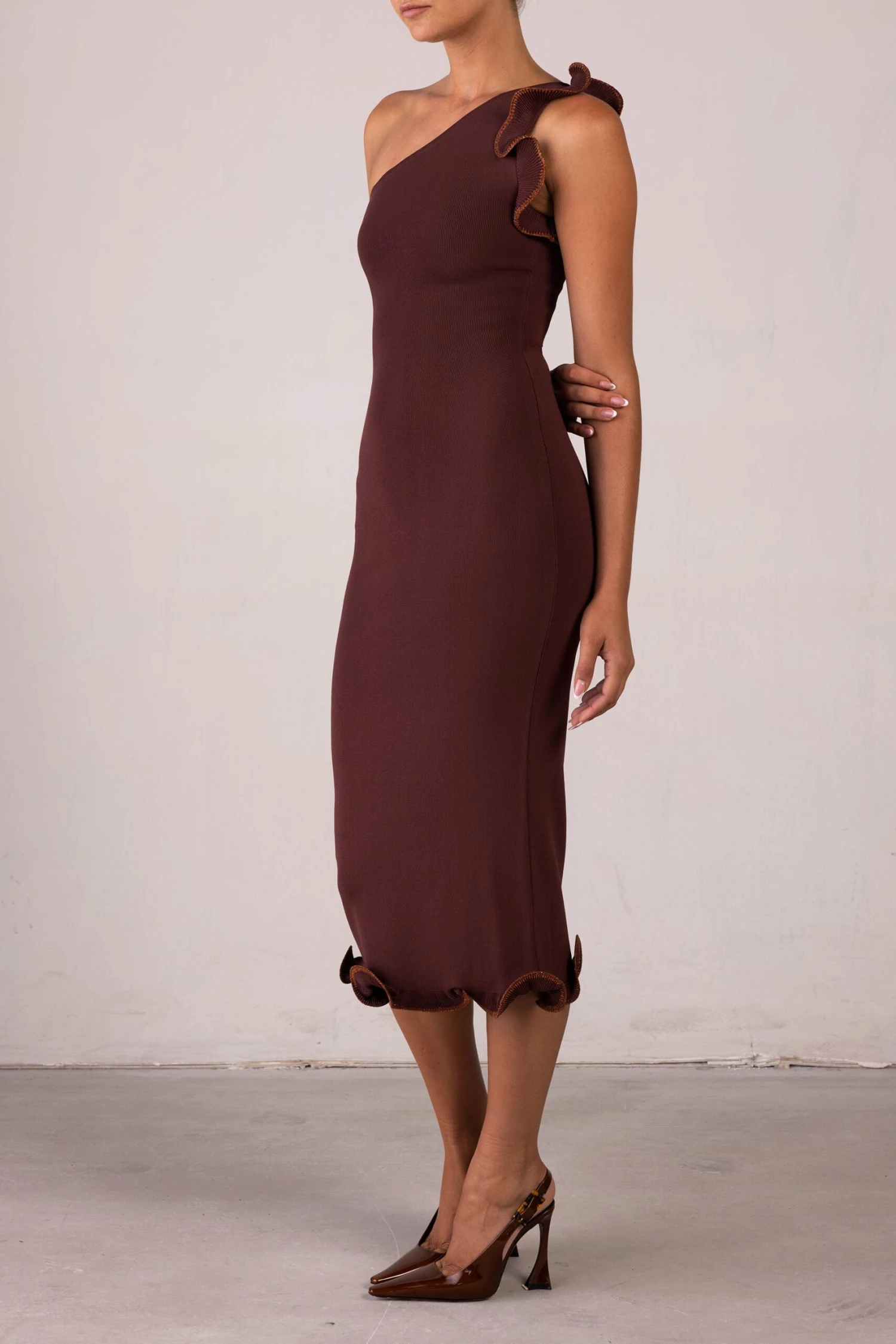 Ruffle Hem One Shoulder Dress (Chocolate Brown/Brown Lurex)(Ruffle Hem One Shoulder Dress Chocolate Brown Brown Lurex) 4 Ruffle Hem One Shoulder Dress (Chocolate Brown/Brown Lurex)(Ruffle Hem One Shoulder Dress Chocolate Brown Brown Lurex) - Image 4