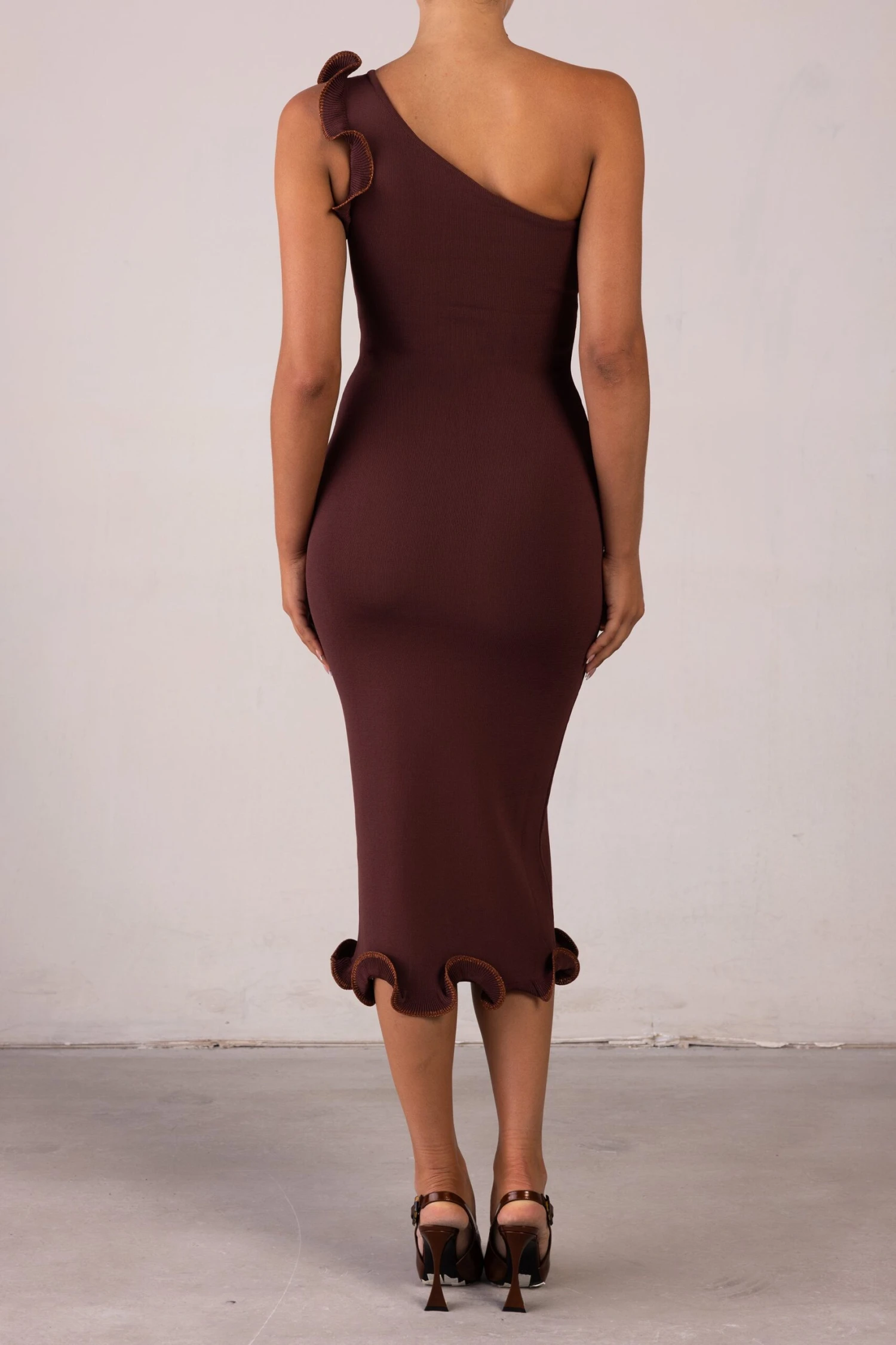 Ruffle Hem One Shoulder Dress (Chocolate Brown/Brown Lurex)(Ruffle Hem One Shoulder Dress Chocolate Brown Brown Lurex) 5 Ruffle Hem One Shoulder Dress (Chocolate Brown/Brown Lurex)(Ruffle Hem One Shoulder Dress Chocolate Brown Brown Lurex) - Image 5