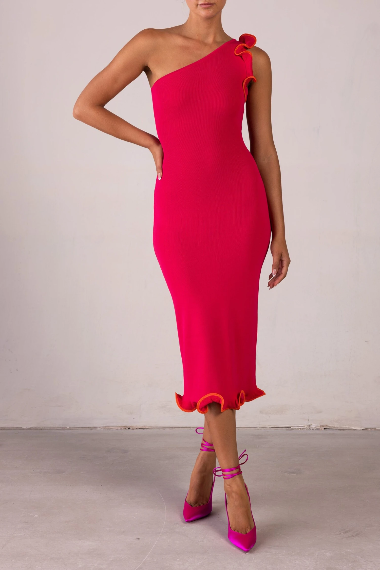 Ruffle Hem One Shoulder Dress (Hot Pink/Orange)(Ruffle Hem One Shoulder Dress Hot Pink Orange) 3 Ruffle Hem One Shoulder Dress (Hot Pink/Orange)(Ruffle Hem One Shoulder Dress Hot Pink Orange) - Image 3