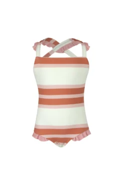 Ruffle One Piece (cream Camel Blush Stripe/blush)(Mini Me One Piece Cream Camel Blush Stripe Ribbed Blush)