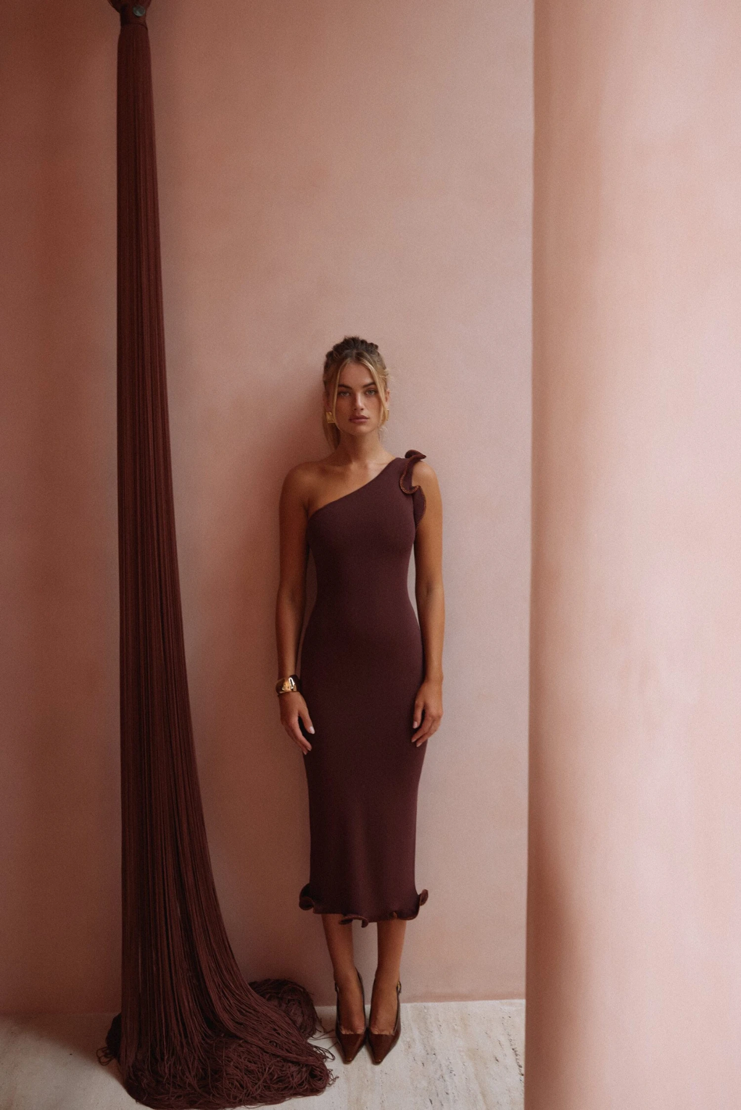 Ruffle Hem One Shoulder Dress (Chocolate Brown/Brown Lurex)(Ruffle Hem One Shoulder Dress Chocolate Brown Brown Lurex) 2 Ruffle Hem One Shoulder Dress (Chocolate Brown/Brown Lurex)(Ruffle Hem One Shoulder Dress Chocolate Brown Brown Lurex) - Image 2